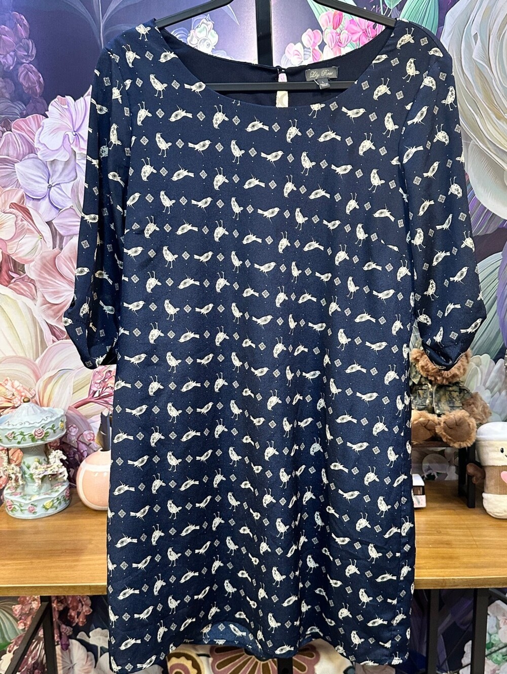 Lily Rose L Bird Print Tunic Mini Shift Dress 3/4 Sleeve Whimsical Playful Navy